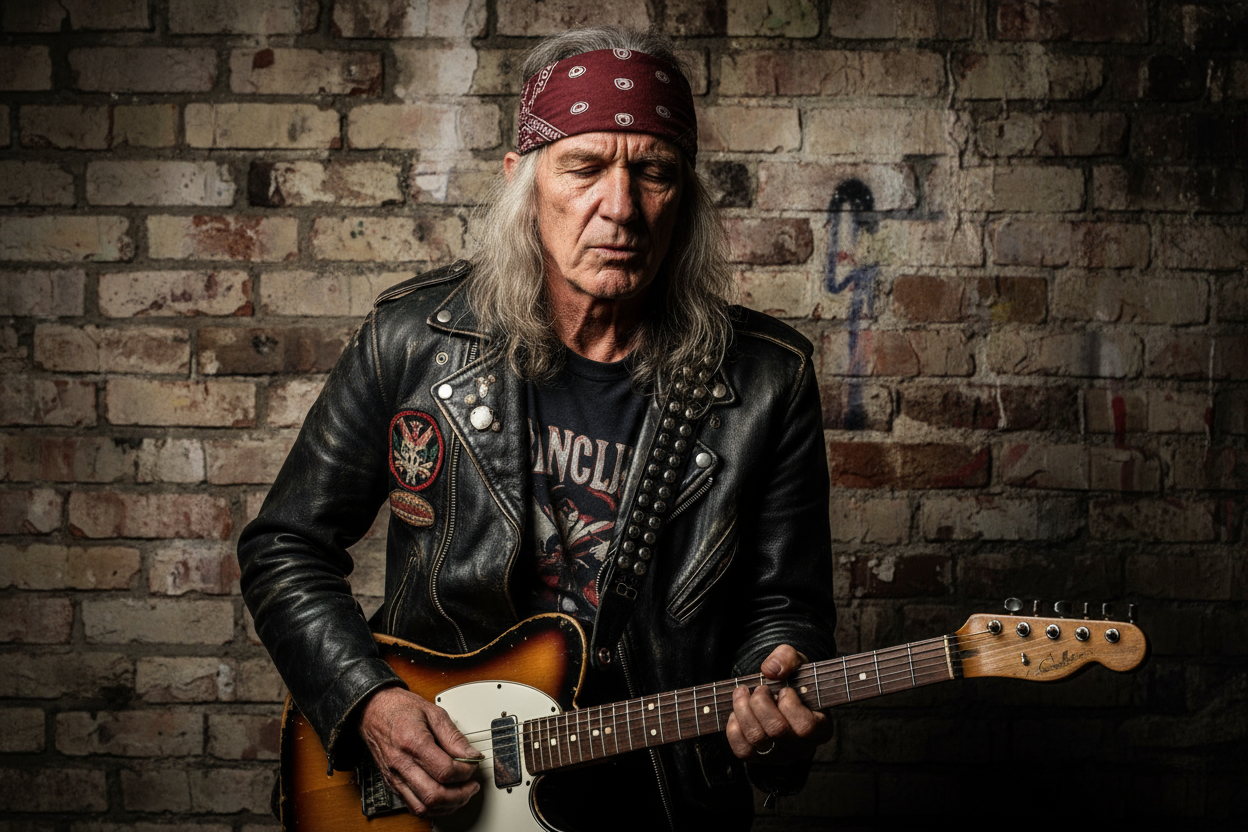 give me a picture of an old blues rock musician from the 80s